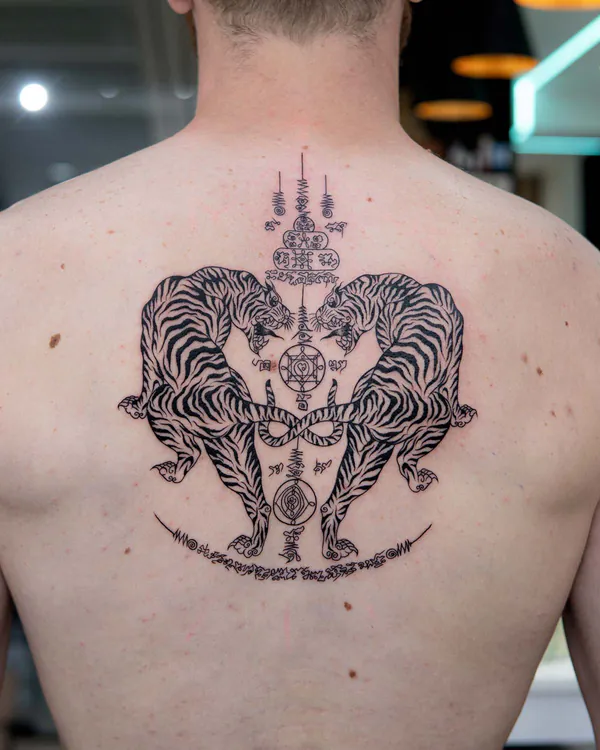 Twin tigers infinity full back Sak Yant tattoo Bangkok