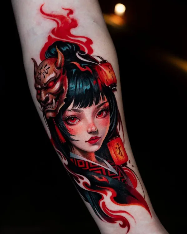 Geisha and oni mask split-face forearm tattoo Bangkok by Vay
