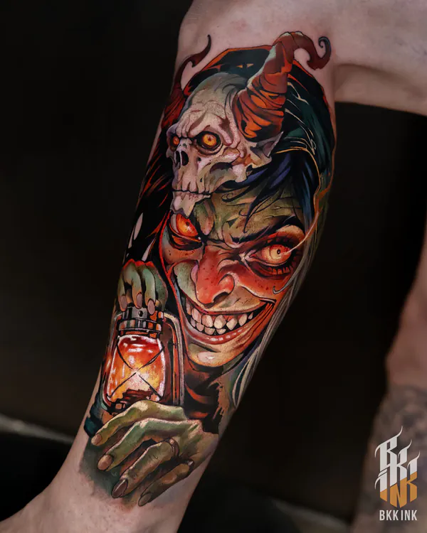 Horned skull demon holding lantern forearm tattoo Bangkok by Vay