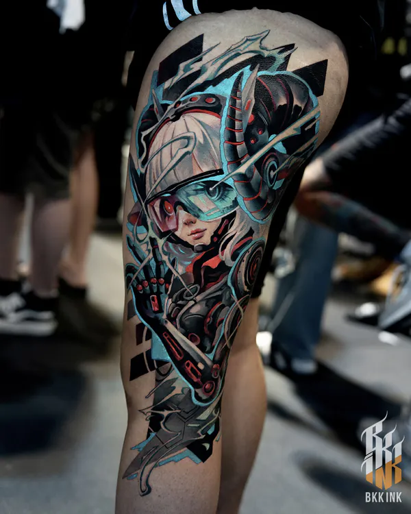 Cyberpunk mecha anime girl thigh tattoo Bangkok by Vay