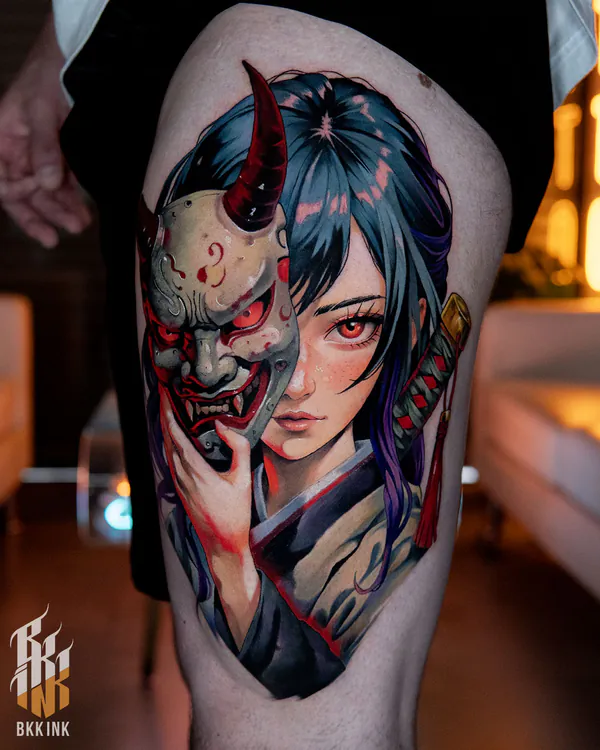 Samurai girl removing hannya mask thigh tattoo Bangkok by Vay