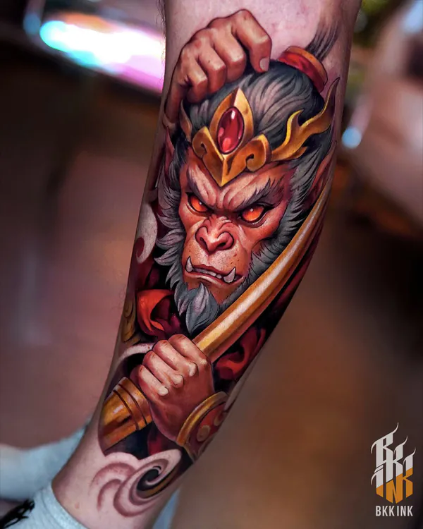 Monkey King warrior with sword forearm tattoo Bangkok by Vay