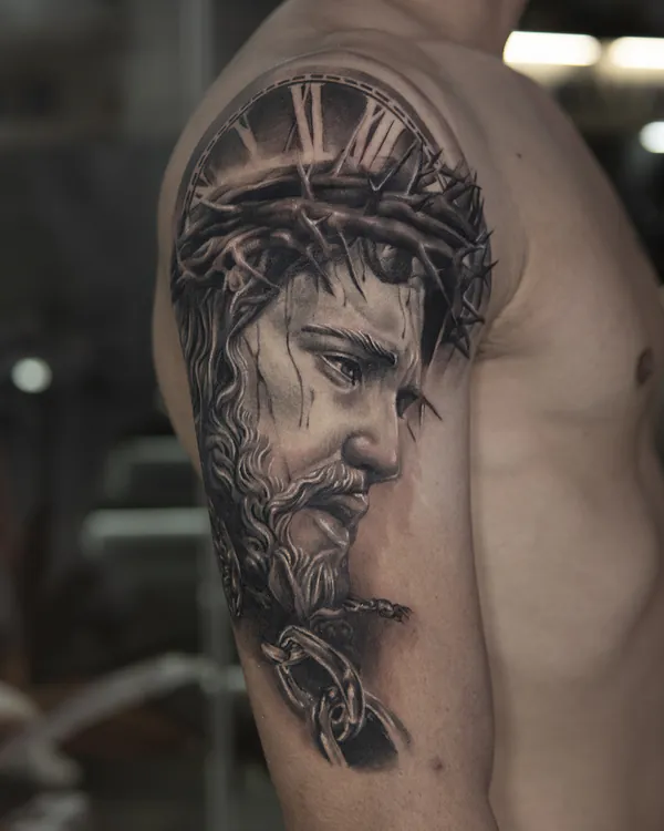 Crowned Christ with chains shoulder tattoo Bangkok by Zia