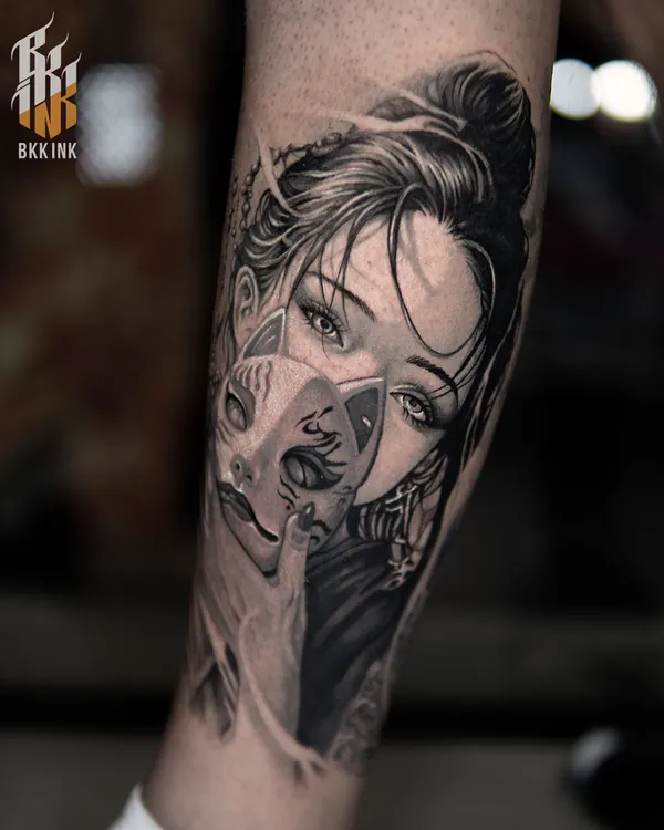 Woman with fox mask forearm tattoo Bangkok by Zia
