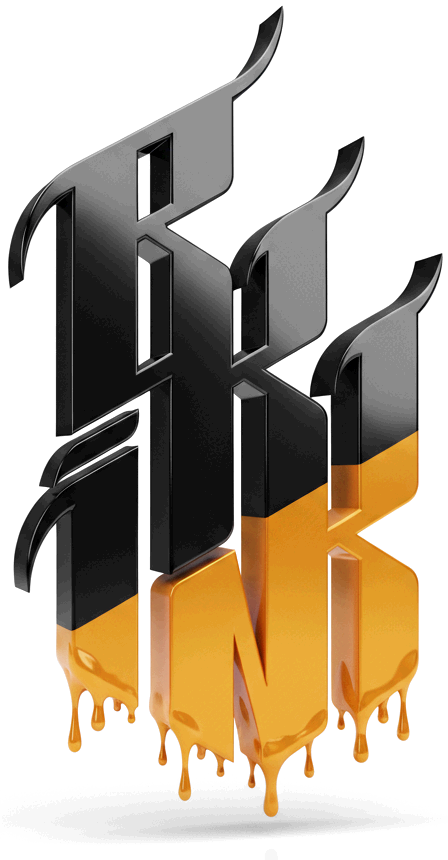 BKK INK tattoo studio 3D logo, black gothic lettering with gold dripping ink, Bangkok